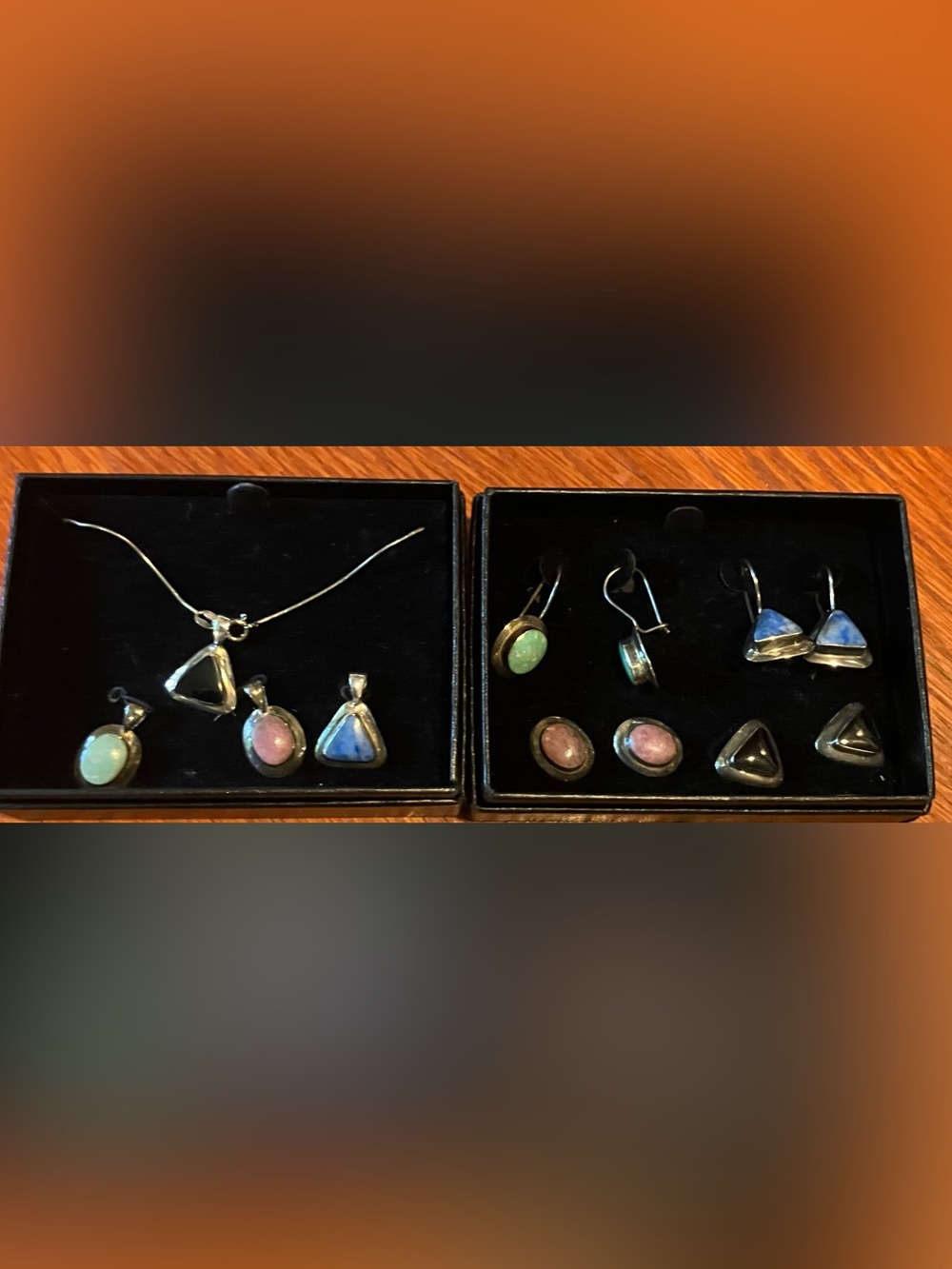 NEW Sterling Silver Earring (4) Necklace Set (4) Colorful Triangles & Oblong.925